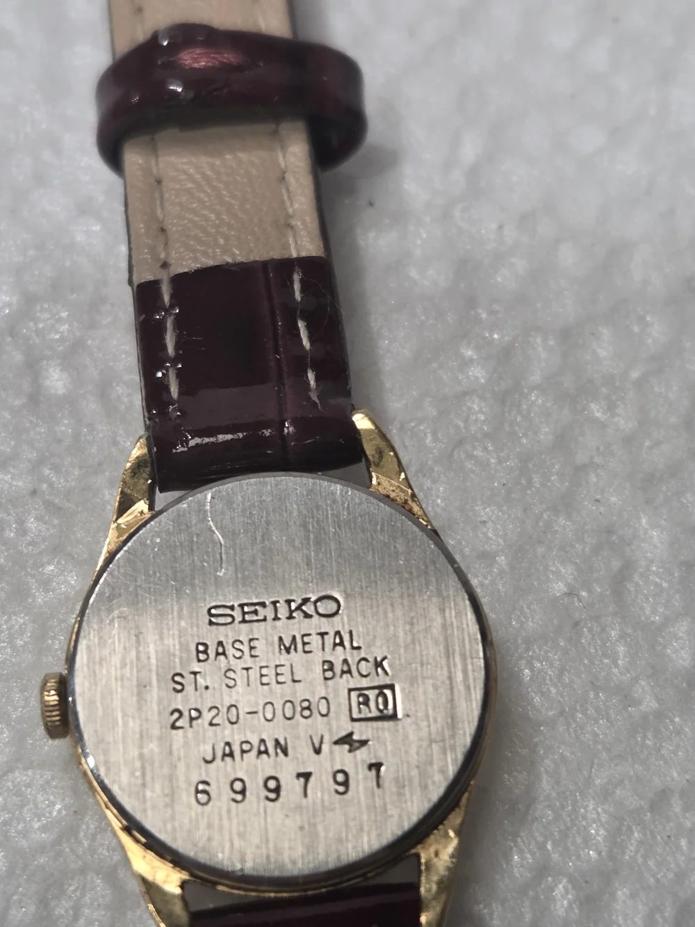 Seiko Gold Dial Women's Quartz Watch with Burgundy Patent Strap 2P20-0080